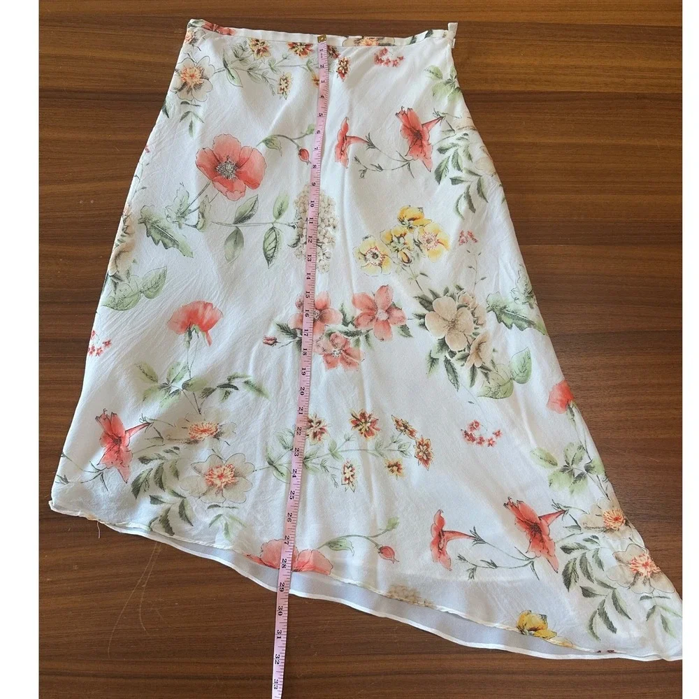Y2K Silk Asymmetrical Hem Midi Skirt Spenser Jeremy 8 White Floral  Fairycore